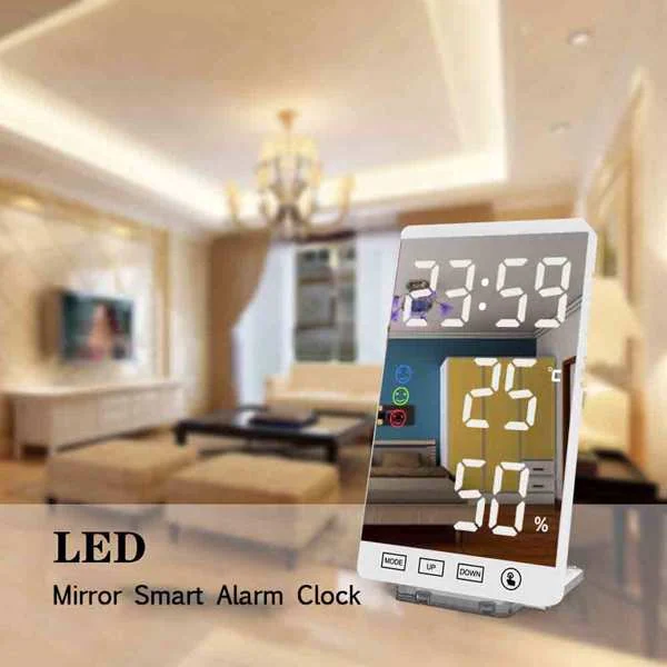 Digital LED Mirror Surface Alarm Clock with USB Charging Ports, product photo 5