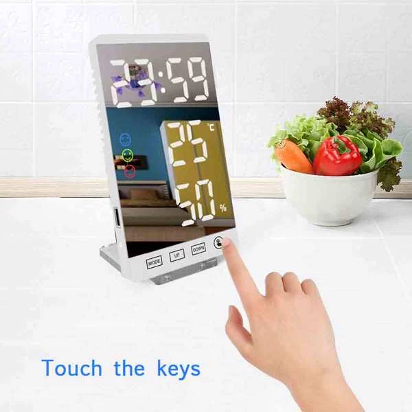 Digital LED Mirror Surface Alarm Clock with USB Charging Ports, product photo 9