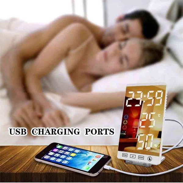Digital LED Mirror Surface Alarm Clock with USB Charging Ports, product photo 8