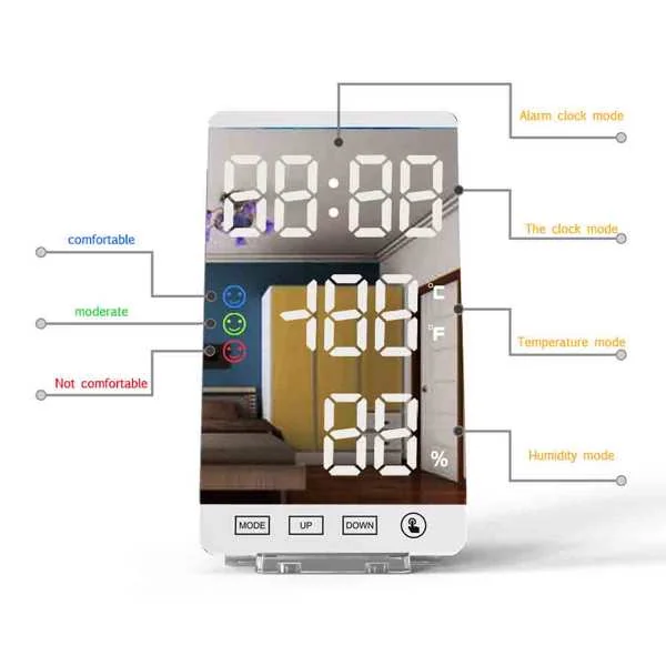 Digital LED Mirror Surface Alarm Clock with USB Charging Ports, product photo 4