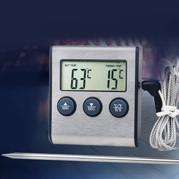 Stainless steel digital oven and meat thermometer timer with LCD display, control buttons and probe cable