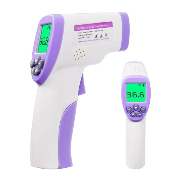 Two white and purple infrared forehead thermometers with LCD screens showing 36.6 temperature readings