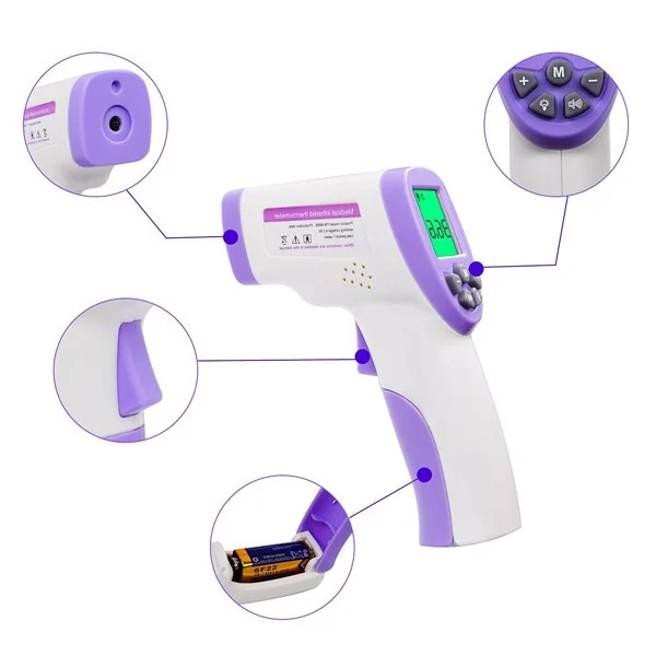 Purple and white infrared forehead thermometer with inset details of sensor, buttons and battery compartment