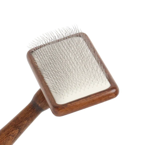 Brush placed next to a pet grooming kit including comb and brush cleaner