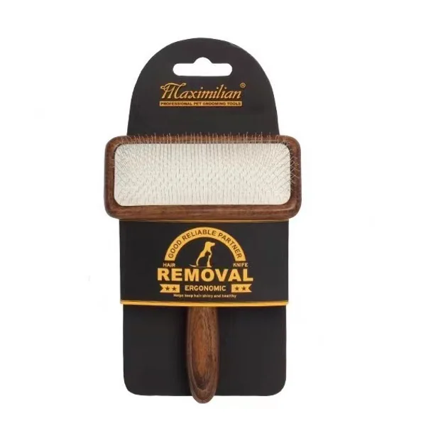 Wooden handle pet slicker grooming brush with metal bristles shown in black retail packaging printed with Maximilian branding
