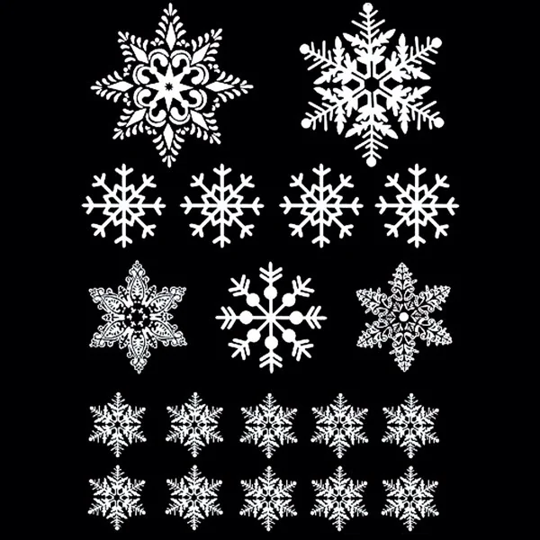 Assorted white snowflake electrostatic window sticker designs displayed on a black background