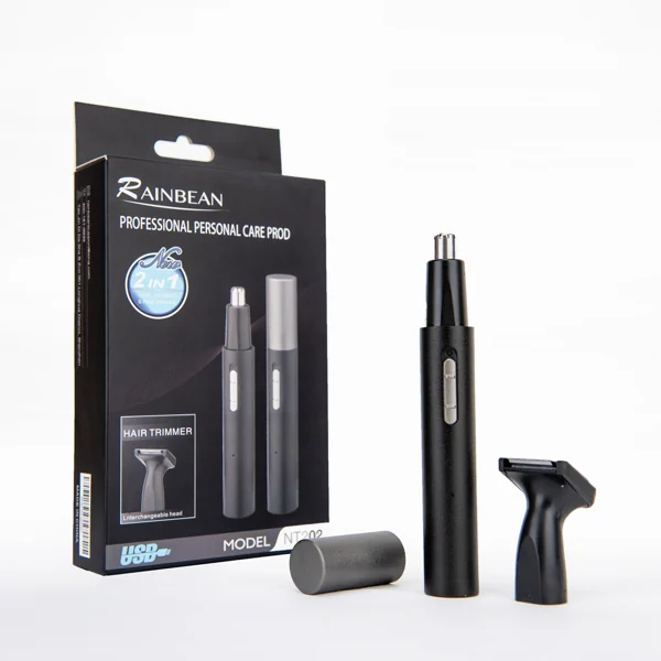 Black nose hair trimmer with stainless steel tip, cap and eyebrow head shown beside its retail box on white background