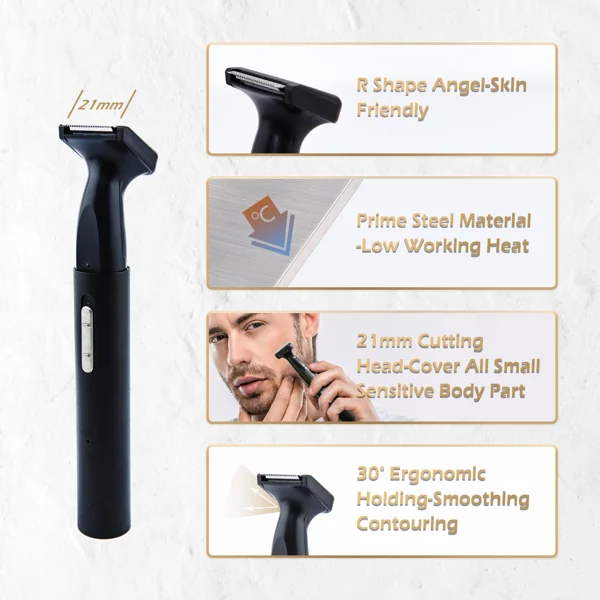Infographic showing a black body hair trimmer with feature callouts for R-shaped head, prime steel blades, 21mm cutting head, and ergonomic 30-degree grip