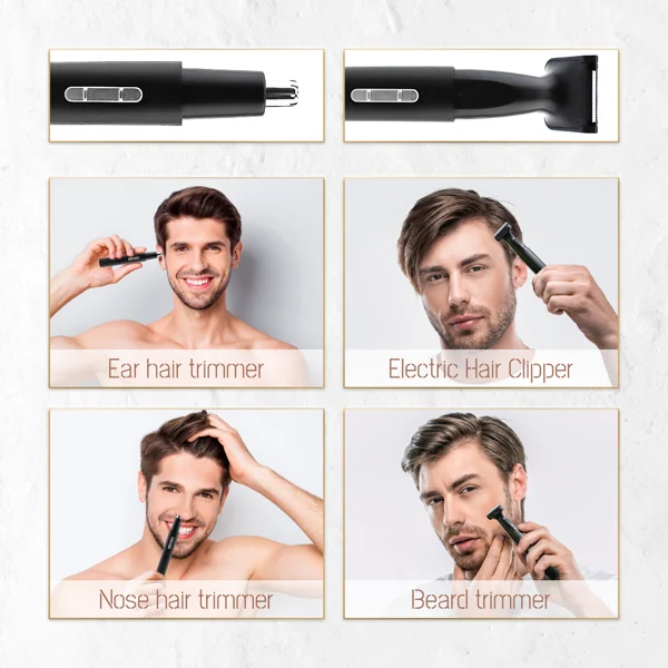 Collage of a man using an electric trimmer on his ear, nose, beard and hair, with labeled close-ups of the attachments.