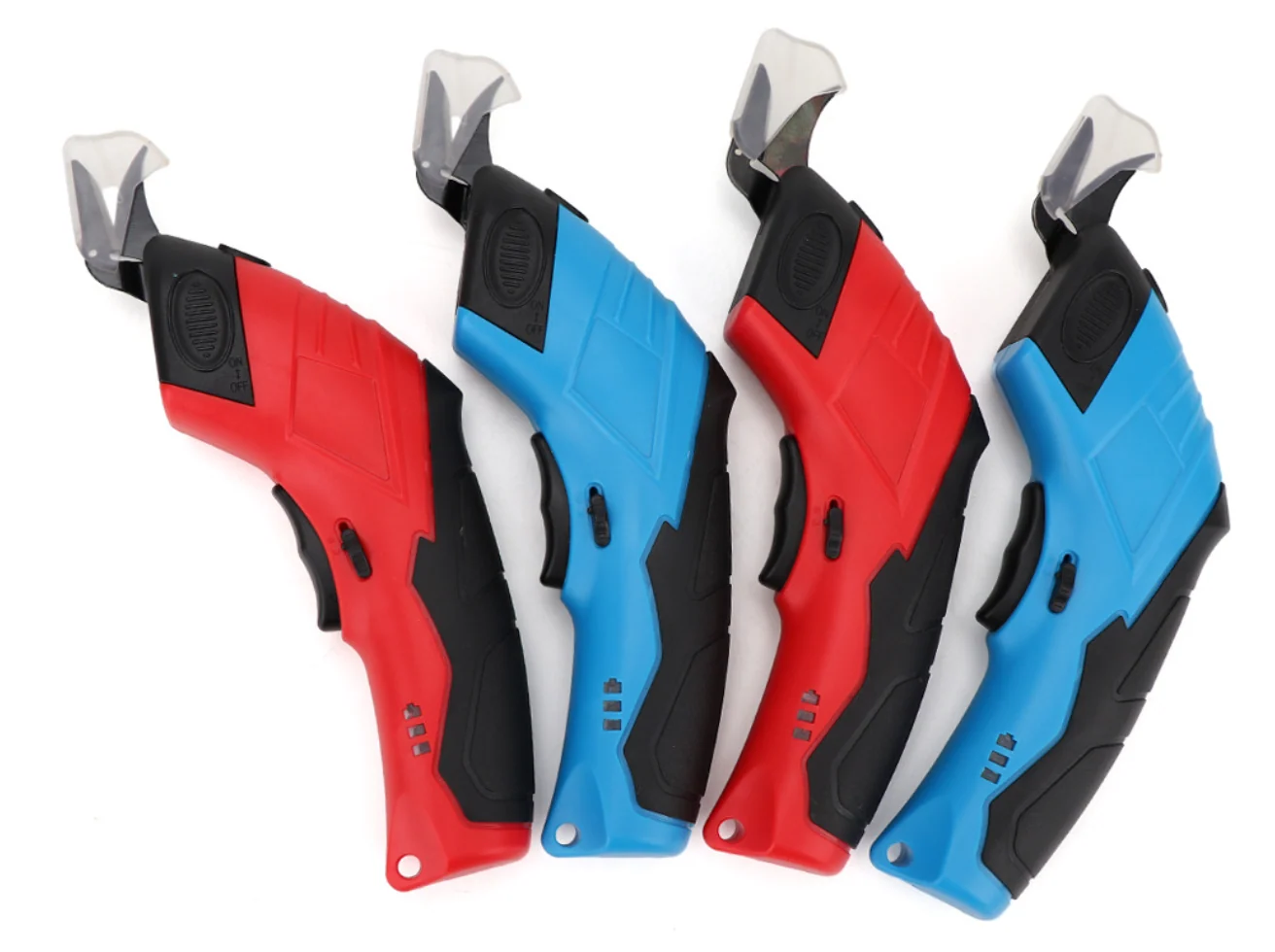 Four cordless electric scissors in red and blue with black rubber grips and metal blades, standing upright on a white background