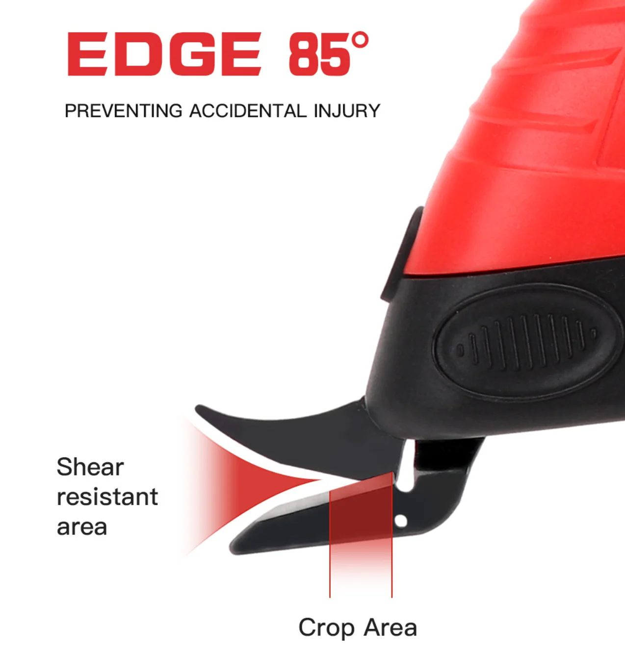 Close-up of red electric scissors blade guard labeled Edge 85 degrees with shear resistant area and crop area callouts