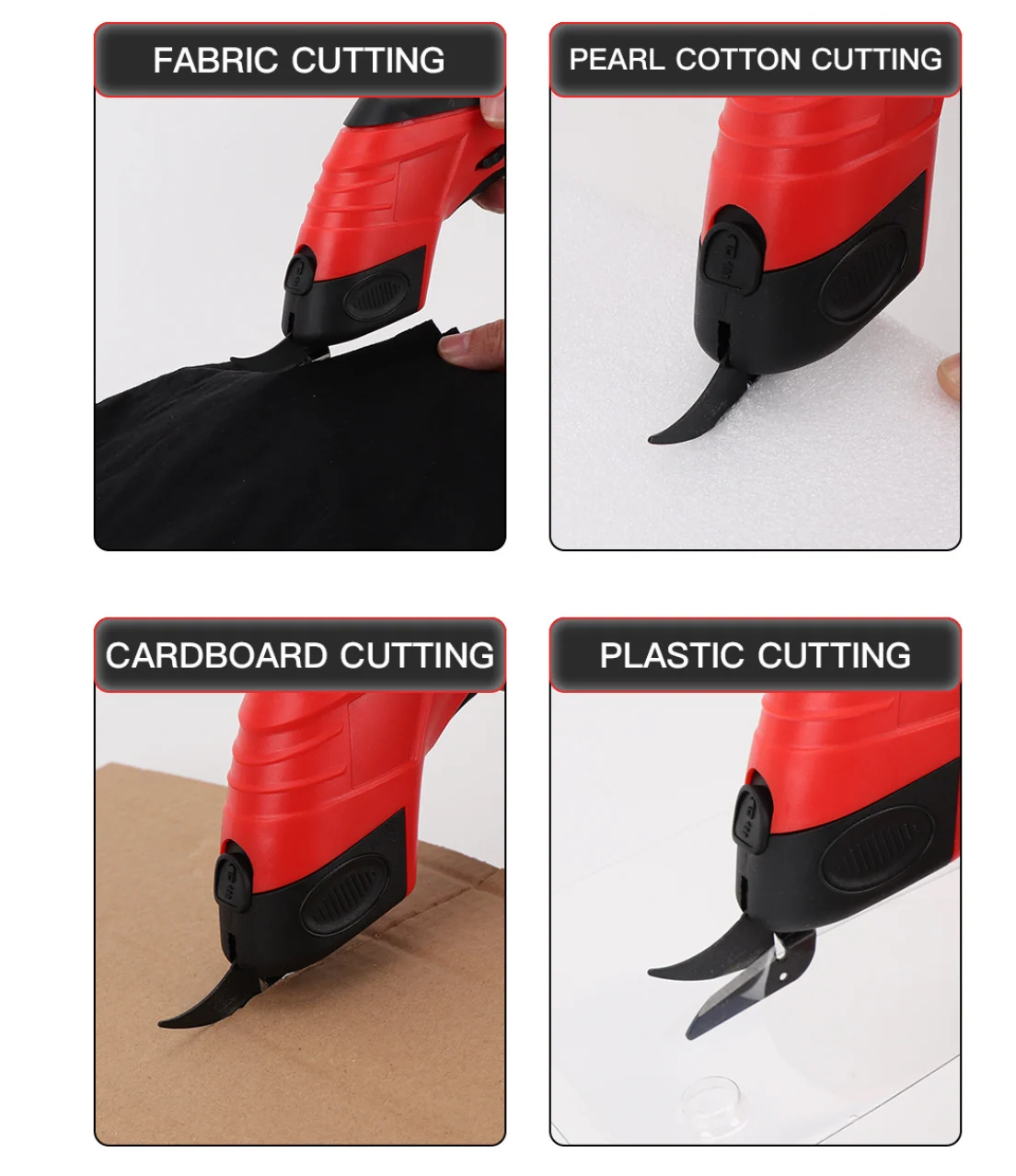 Four-panel grid showing a red electric scissors cutting fabric, pearl cotton, cardboard, and plastic.