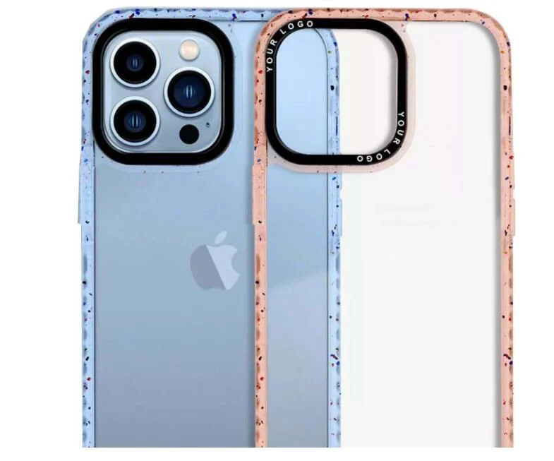 Blue and pink speckled recycled material phone cases, one fitted on a smartphone, on a white background