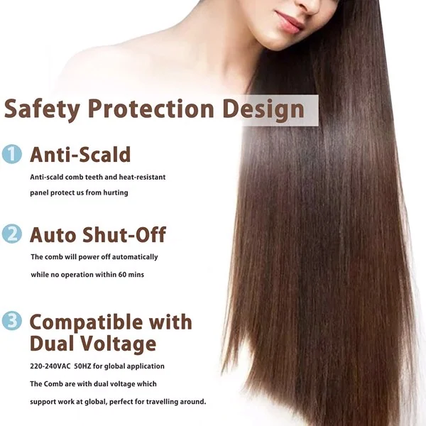 Infographic showing woman with long smooth brown hair listing hair straightening comb safety features