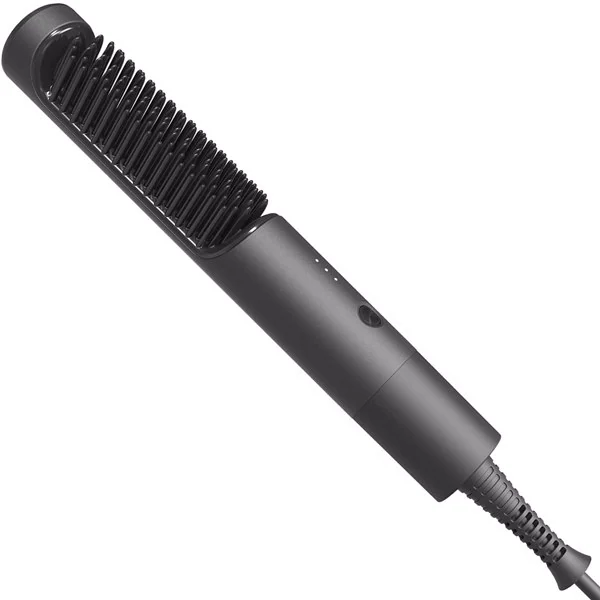 Black ionic ceramic hair straightening hot comb with dense bristle teeth and power cord, shown diagonally on a white background