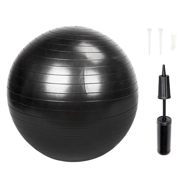 Black thickened explosion-proof yoga ball with hand pump and white plug accessories on white background