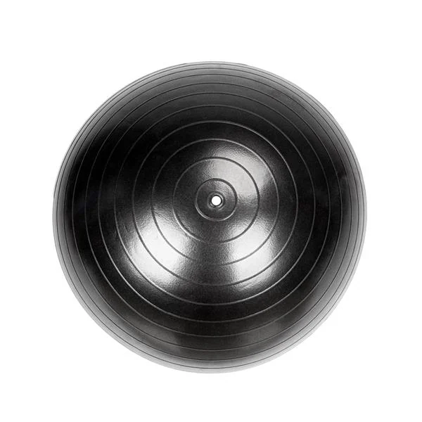 Black thickened yoga ball with concentric ring surface texture shown against a plain white background