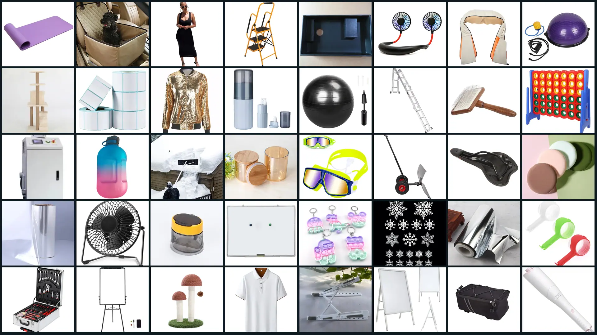 Wall of Ubechoi product photographs across household, tools, pet, electronics and beauty lines