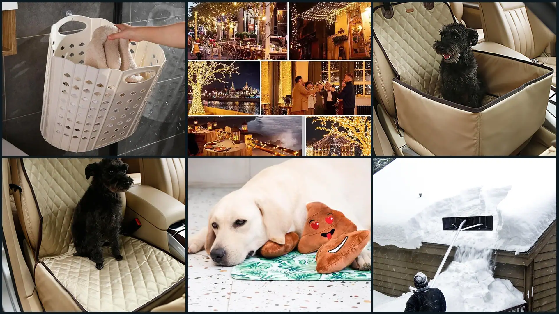 Ubechoi sourced products photographed in use: laundry basket, string lights, pet car seat, dog toy and snow rake