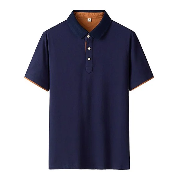 Close-up of the lapel collar and stitching detail on the polo shirt
