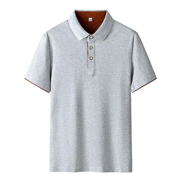 Grey short-sleeve cotton polo shirt with three-button placket and brown inner collar lining, displayed flat on a white background