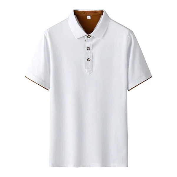 White cotton polo shirt with brown collar lining and cuff trim, front view on plain white background