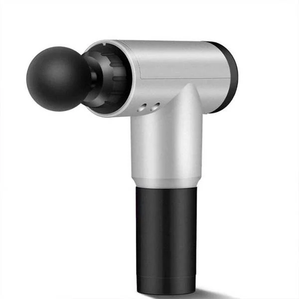 Silver and black handheld electric muscle massage gun with round ball head attachment on white background