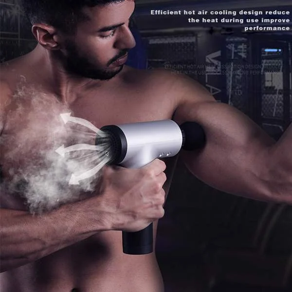Shirtless man using a silver massage gun on his arm with visual effects showing airflow