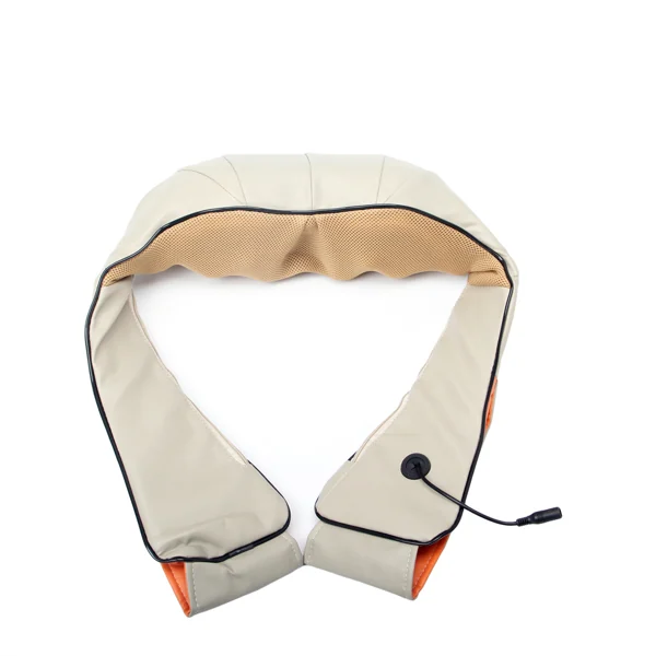 Beige U-shaped electric shoulder and neck massage cape with mesh lining and power cord on a white background