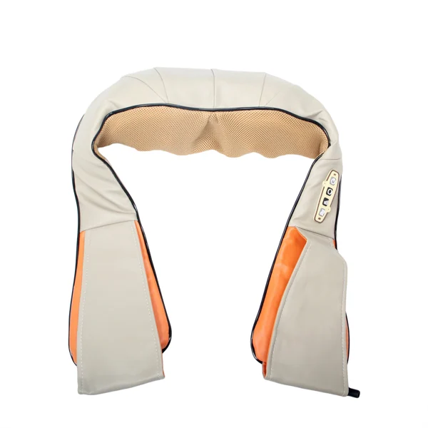 Beige and orange U-shaped electric shoulder and neck massage cape with control panel, shown on white background