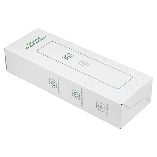White retail box for a non-contact infrared thermometer showing product outline, 36.8°C display and feature icons