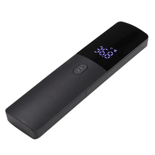 Black non-contact infrared thermometer with digital LED display showing 35.0 °C temperature reading