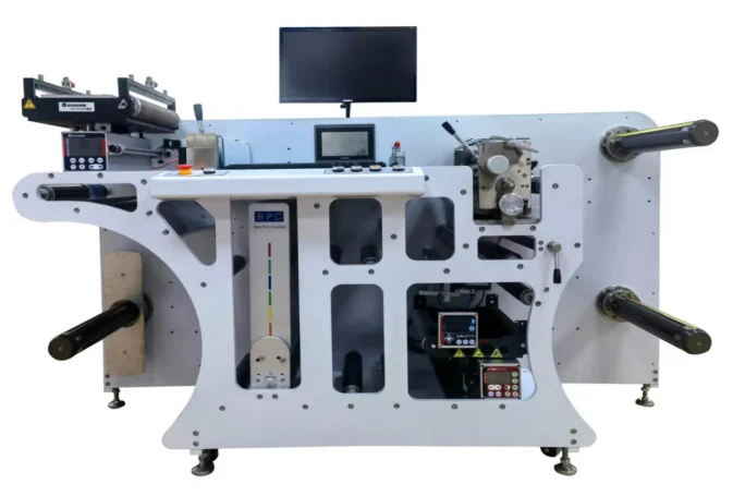 White slitting and inspection machine with rollers, monitor, control panel and warning labels on a plain background