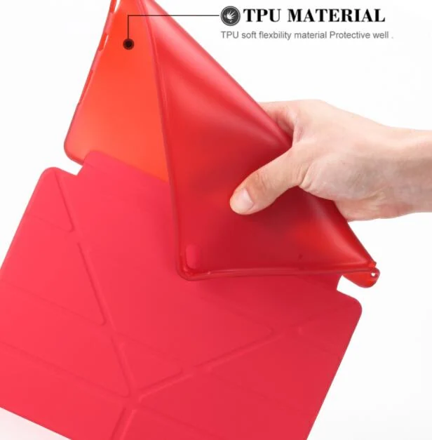 Hand bending a red TPU iPad soft case to demonstrate its flexible, drop-proof silicone material