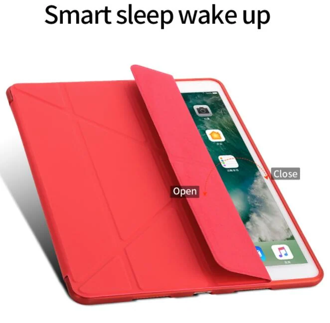 Red smart cover iPad case folded into a stand holding a tablet, labeled open and close, on a white background
