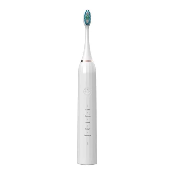 Close-up of the toothbrush head showing the Dupont Tynex nylon bristles and U-shaped design