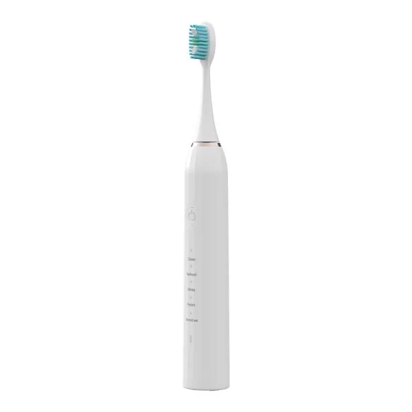 White sonic electric toothbrush with teal-bristled head standing upright on a plain white background, mode labels on the