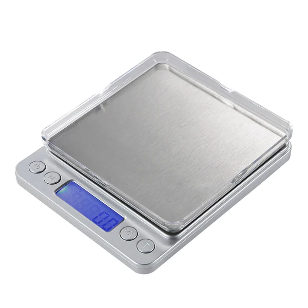 Silver digital pocket scale with stainless steel weighing platform, clear cover, buttons and blue backlit LCD display