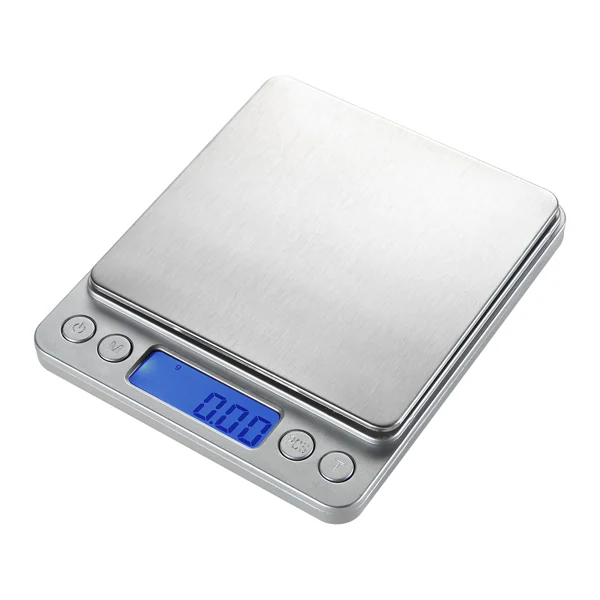 Silver stainless steel digital mini pocket scale with blue LCD display reading 000, on a white background.