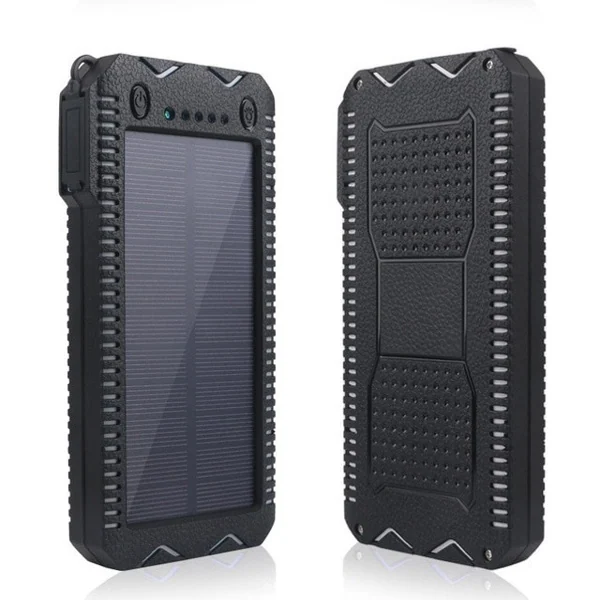 Black rugged solar power bank shown from front and back, with solar panel and LED charge indicators, on a white background