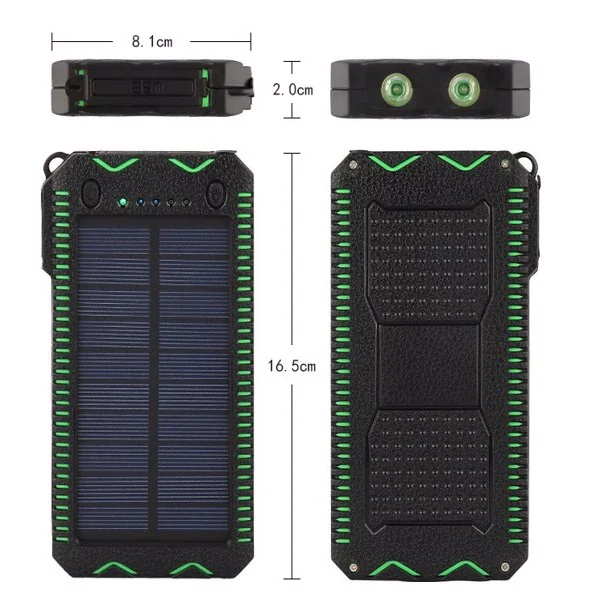Black solar power bank with green accents shown from four angles with dimension labels 8.1cm, 2.0cm and 16.5cm