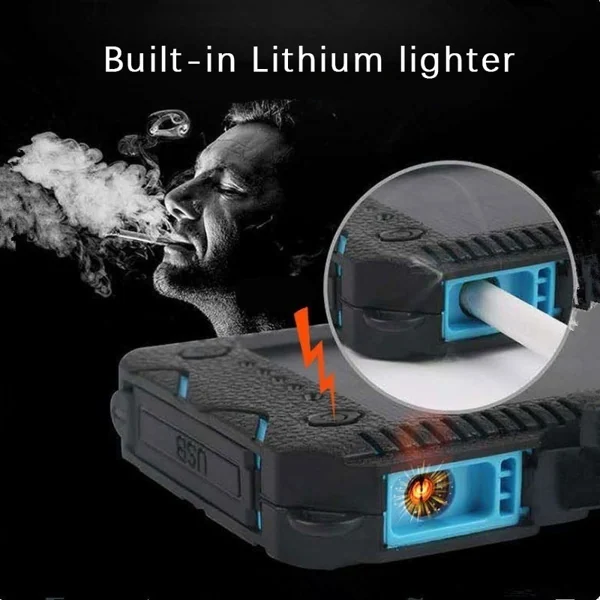 Power bank next to a phone and tablet being charged via dual USB ports