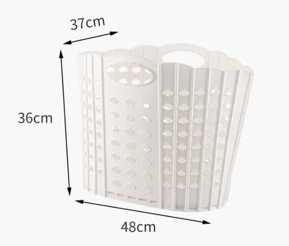 White foldable plastic laundry basket shown with dimension labels 37cm, 36cm and 48cm on a plain background