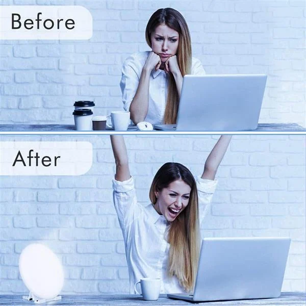 Before and after comparison of a woman at a laptop looking tired, then happy with a glowing light therapy lamp beside her