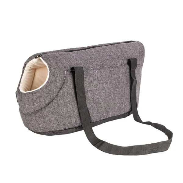 Grey fabric pet carrier tote with plush cream interior opening and shoulder strap on white background