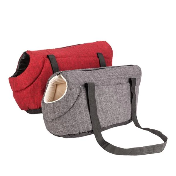 Two soft-sided pet carrier bags, one red and one gray, with shoulder straps and round entry openings on a white background