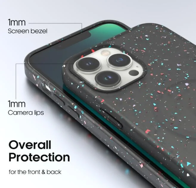 Speckled recycled silicone phone case fitted to a smartphone, annotated with 1mm screen bezel, camera lip and overall protection labels