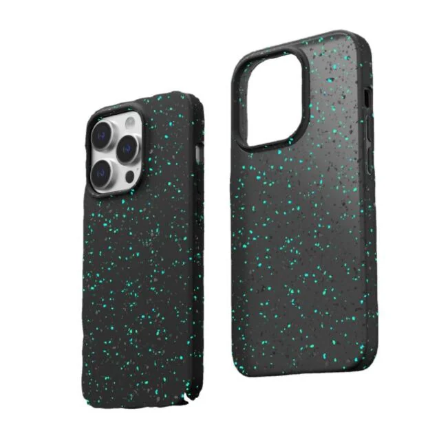 Two black recycled silicone phone cases with teal speckles shown from front and back on a white background