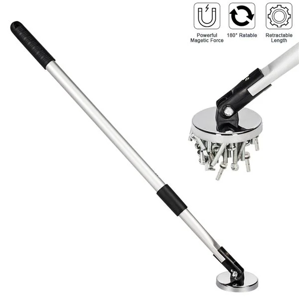 Magnetic pickup tool with long telescopic handle and round magnet base lifting screws, with close-up of the magnet head