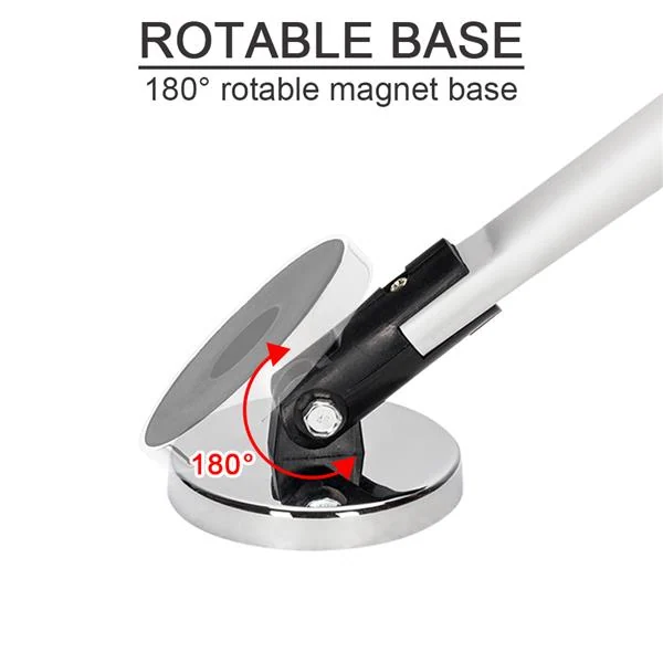 Close-up of magnetic pickup tool's chrome round magnet base tilting 180 degrees, labeled ROTABLE BASE